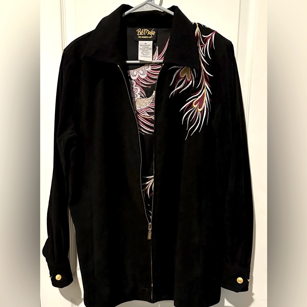 Bob Mackie Over the Shoulder Embroidered Phoenix Zipped Black Jacket - Picture 2 of 5